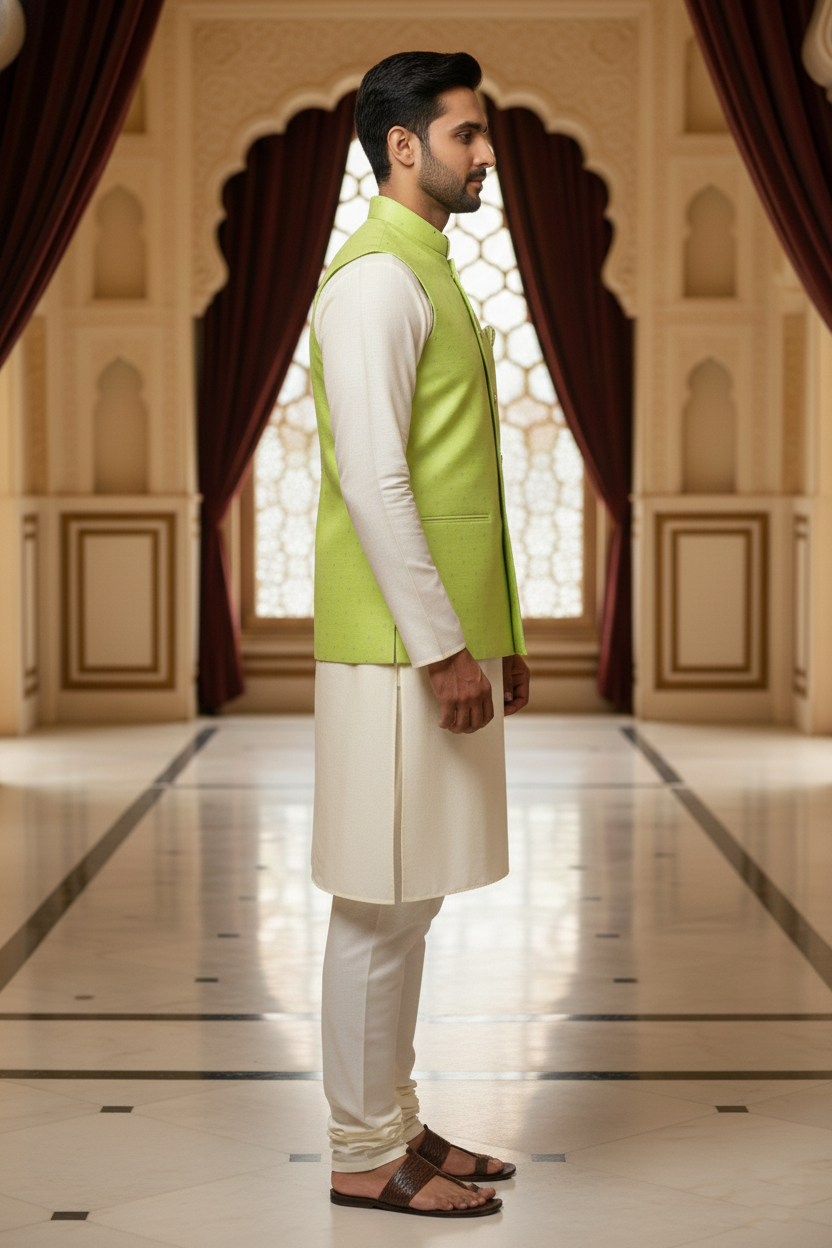 Men’s Pista Green Dotted Nehru Jacket with Ivory Kurta  Pajama