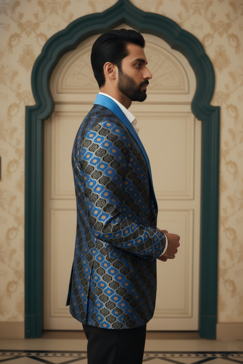 Men'sElectric Blue & Gold Geometric Banarasi Jacquard Tuxedo Blazer , Designer Evening Wear