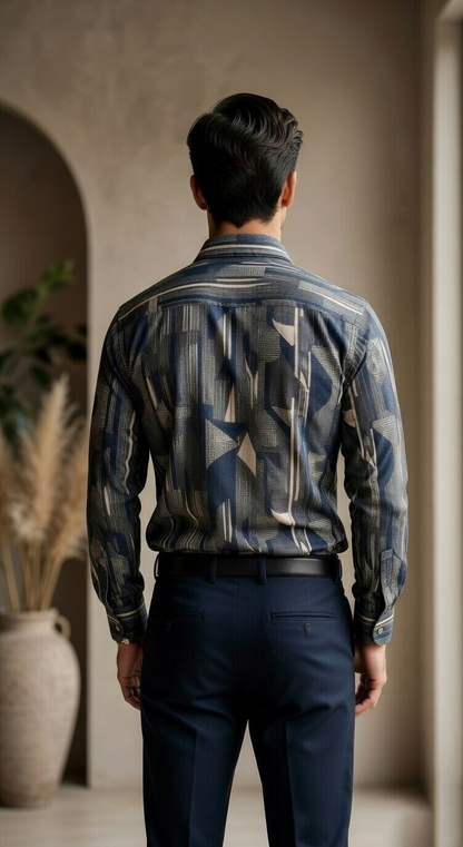 Designer Men'sAbstract Geometric Print Shirt , Modern Slate & Charcoal Art-Deco Motif