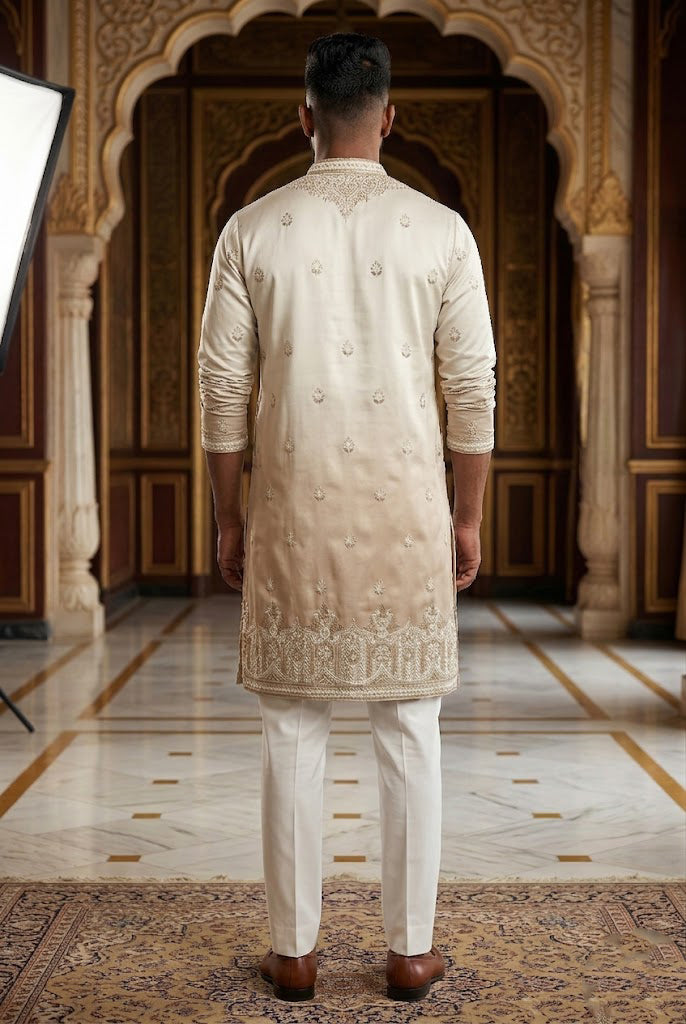 Men's Cream Ombré Embroidered Designer Kurta Pajama