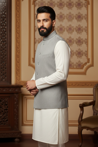 Light Grey Waistcoat with Cream Kurta Set
