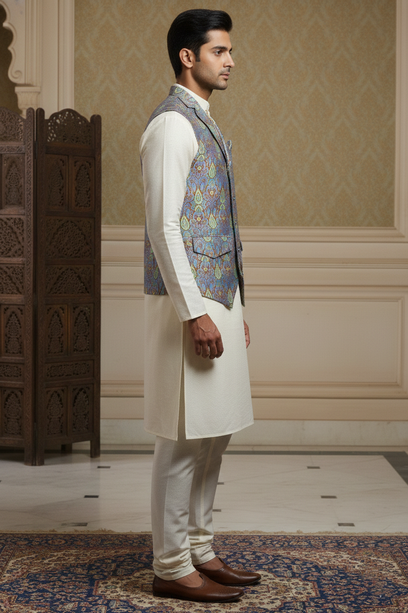 Men’s Sky Blue & Copper Brocade Waistcoat – Slim Fit Paisley Jacquard Nehru Vest with Notch Lapel