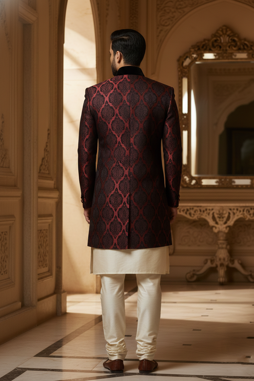 Maroon & Black Damask Sherwani