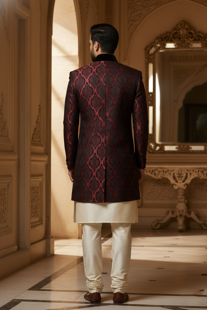 Maroon & Black Damask Sherwani