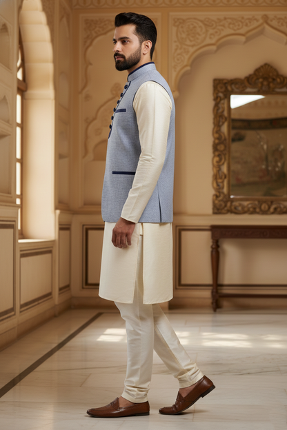 Men's Powder Blue Melange Nehru Jacket – Designer Contrast Trim Waistcoat | Ethnic Modi Jacket for Weddings & Receptions