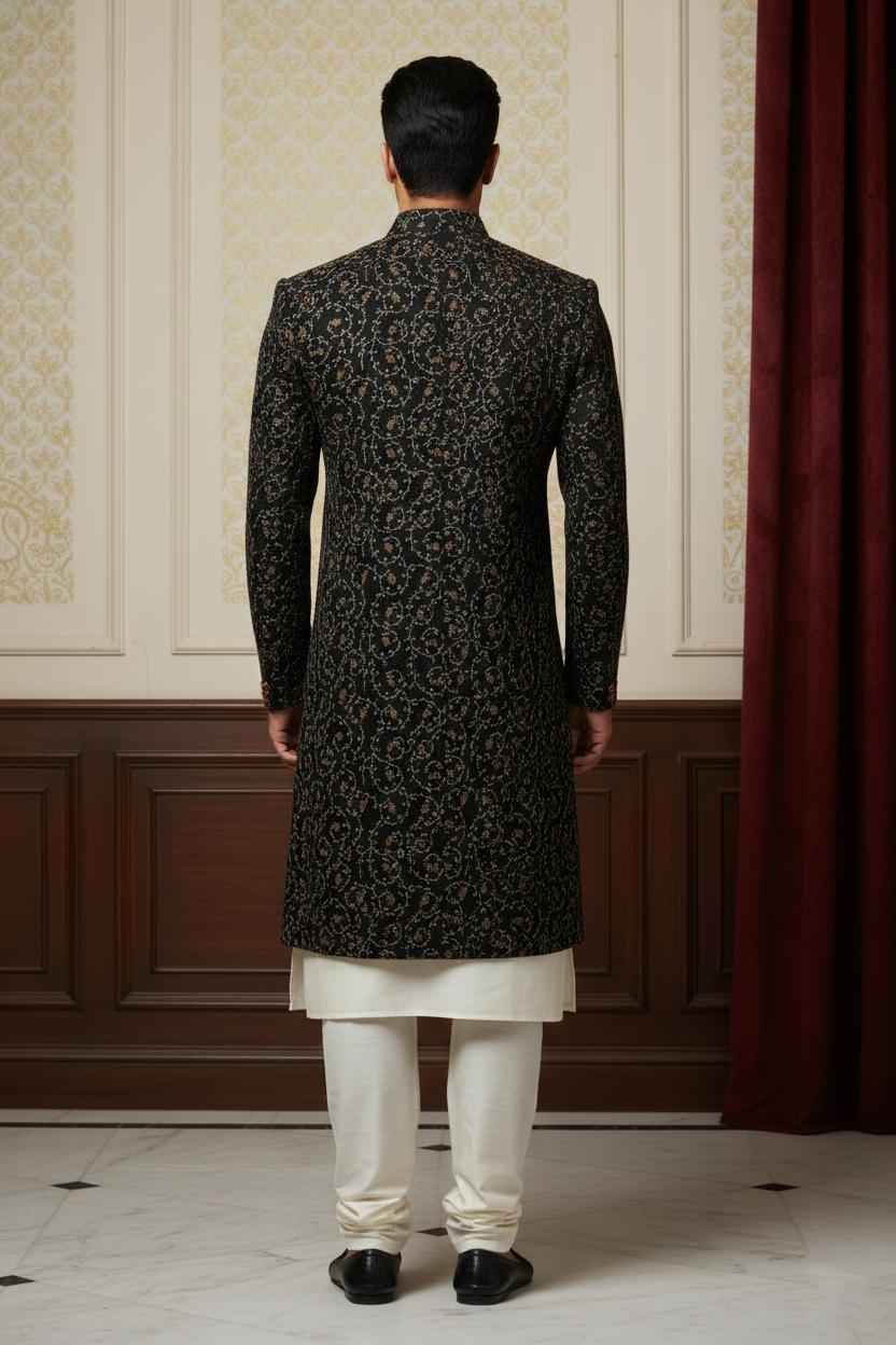 Black Sherwani with Floral Embroidery