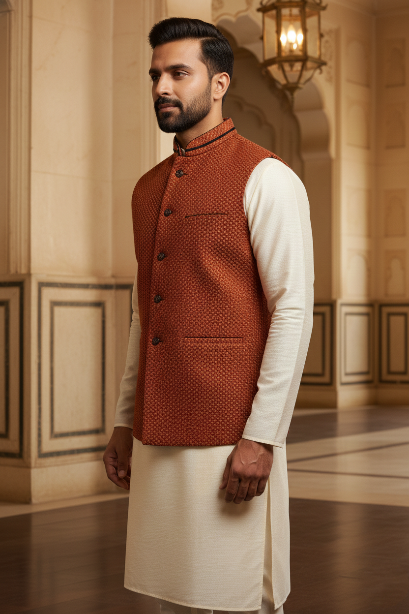 Men's Rust Orange Textured Nehru Jacket – Slim Fit Ethnic Modi Waistcoat for Weddings & Formal Events