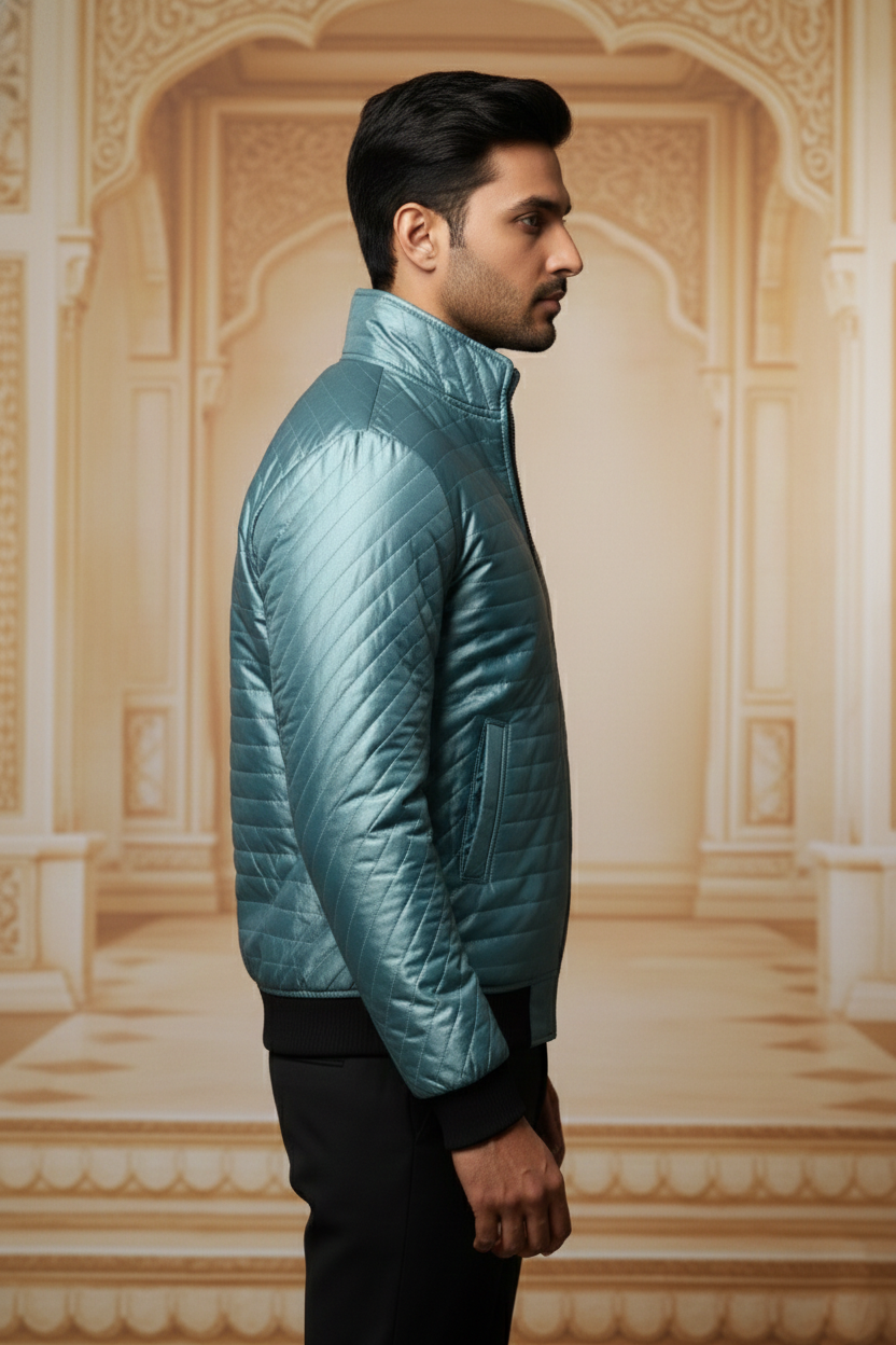 Men's Premium Metallic Teal Quilted Bomber Jacket , Slim Fit Mock Neck Puffer with Ribbed Cuffs