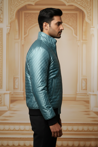 Men's Premium Metallic Teal Quilted Bomber Jacket , Slim Fit Mock Neck Puffer with Ribbed Cuffs
