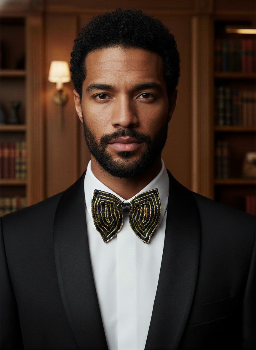 Hand-Embroidered Gold Bead Butterfly Bow Tie