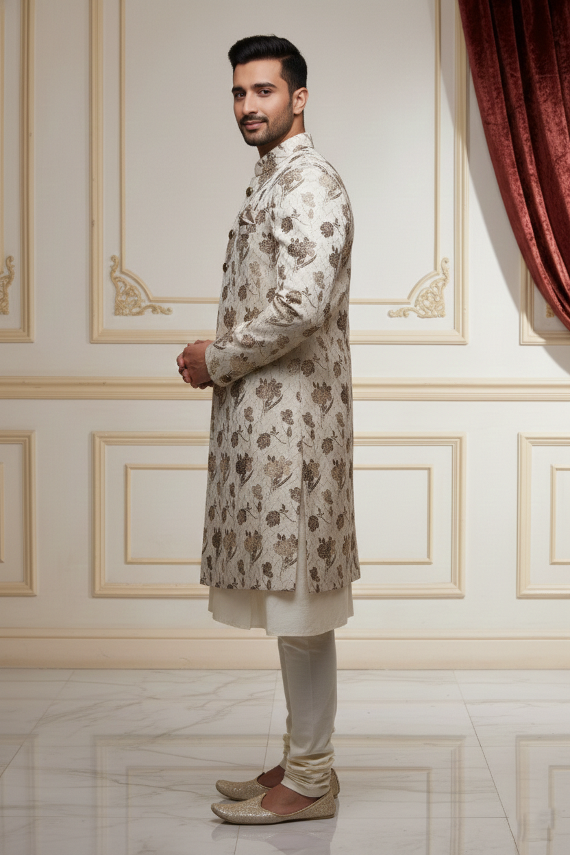 Men'sIvory Floral Embroidered Sherwani