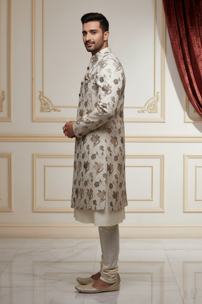 Men'sIvory Floral Embroidered Sherwani