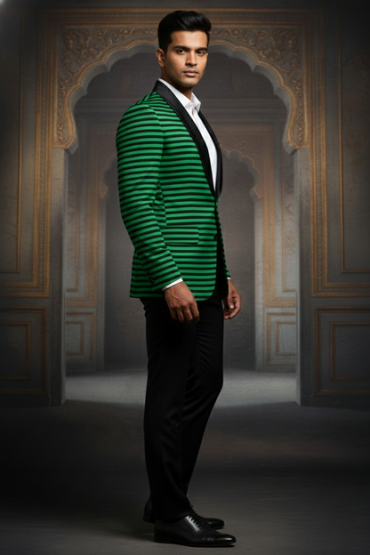 Green & Black Striped Shawl Blazer