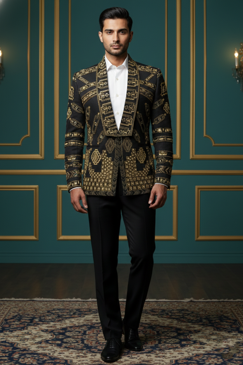 Men's Luxury Embroidered Blazer - Black and Gold Ethnic Party Wear Jacket - Designer Wedding Bandhgala for Groom & Groomsmen