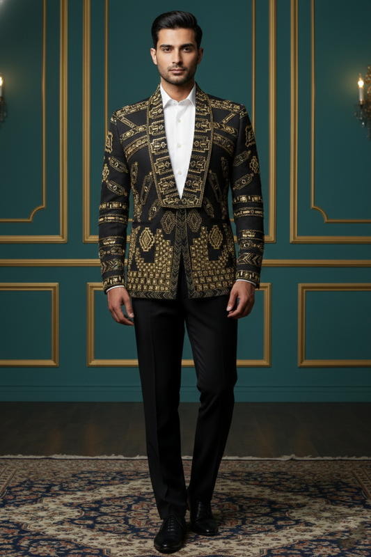 Men's Luxury Embroidered Blazer - Black and Gold Ethnic Party Wear Jacket - Designer Wedding Bandhgala for Groom & Groomsmen