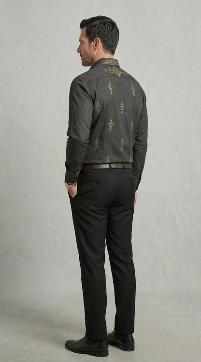 Designer Men'sCharcoal Black Embroidered Dress Shirt , Gold Filigree & Geometric Motif