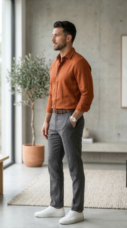 Men'sTerracotta Linen-Cotton , The Warm-Tone Casual Essential