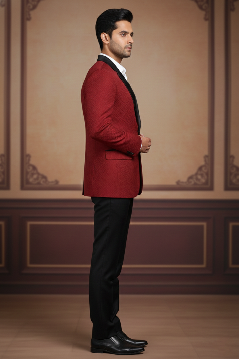 Men's Maroon Textured Jacquard Tuxedo Blazer
