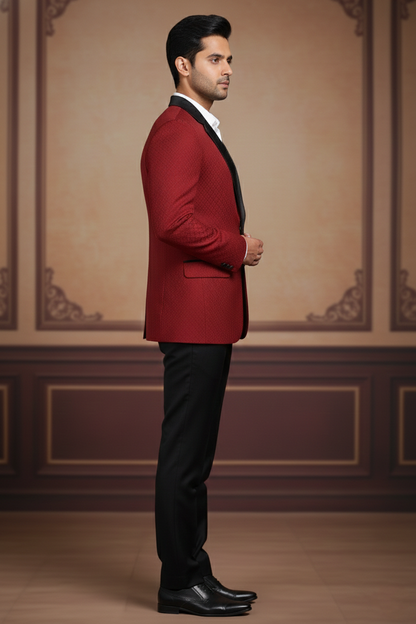 Men's Maroon Textured Jacquard Tuxedo Blazer