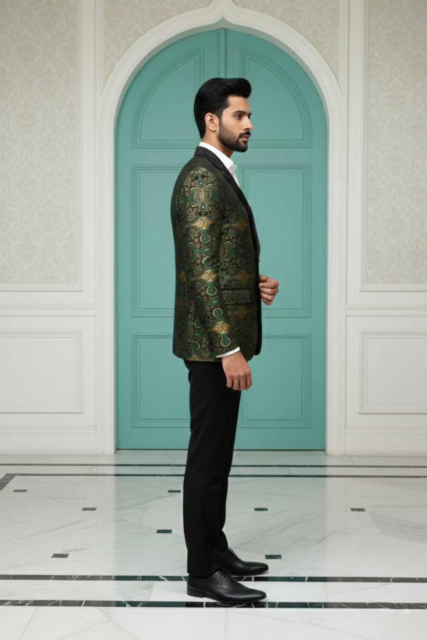 Men's Emerald Green & Gold Floral Jacquard Tuxedo Blazer , Premium Slim Fit Party Wear Dinner Jacket