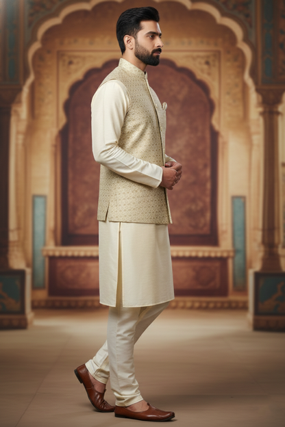 Beige Patterned Nehru Jacket with Pocket Square &  Cream Kurta Set