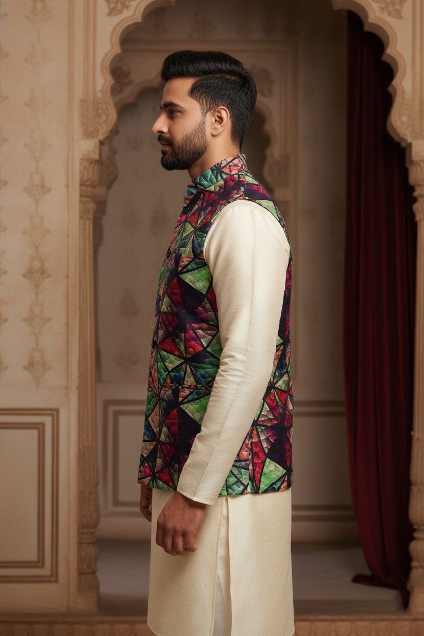 Geometric Fusion: The Avant-Garde Abstract Nehru Jacket