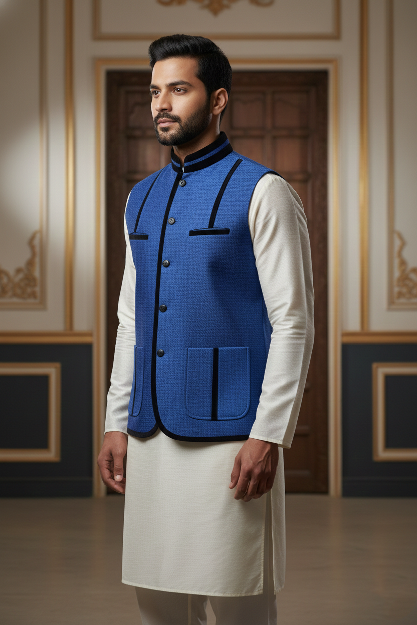 Men’s Dark Blue Nehru Jacket with Black Piping | Designer Ethnic Waistcoat