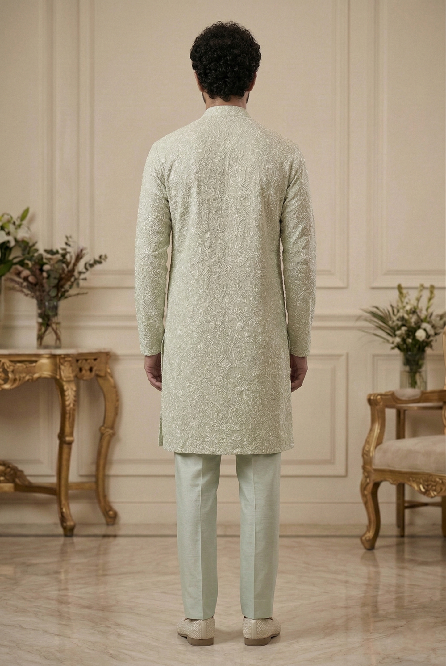 Men'sMint Green Embroidered Partywear Kurta Pajama