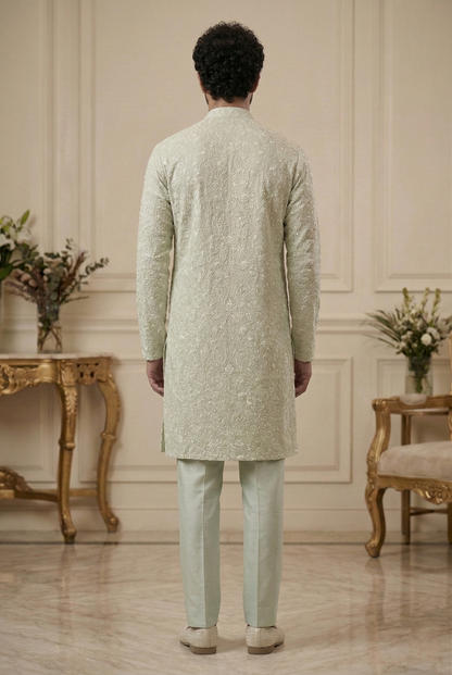 Men'sMint Green Embroidered Partywear Kurta Pajama