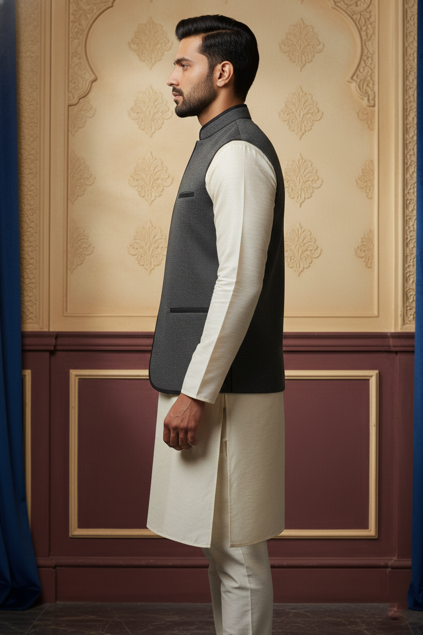Men’s Charcoal Grey Nehru Jacket with Ivory Kurta Pajama