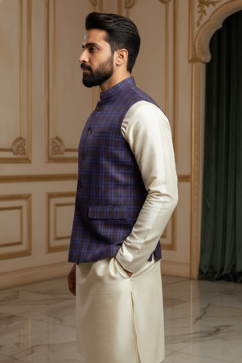 Blue & Purple Checkered Nehru Jacket with Cream  Kurta Set