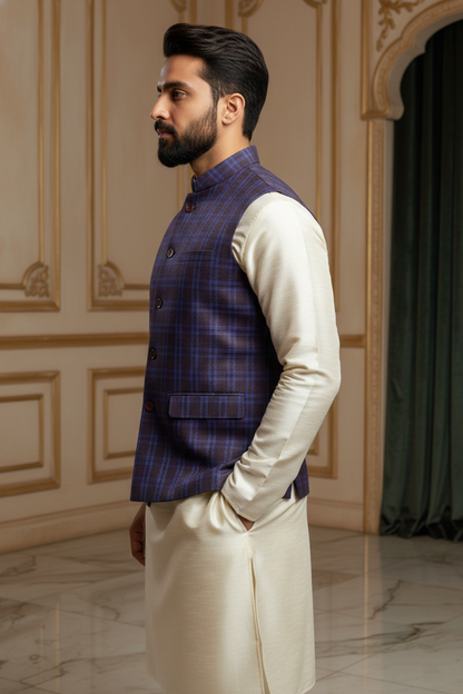 Blue & Purple Checkered Nehru Jacket with Cream  Kurta Set