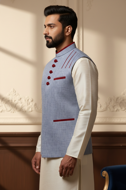 Men's Powder Blue Melange Nehru Jacket – Designer Maroon Contrast Trim Waistcoat | Ethnic Modi Jacket for Weddings & Festivals