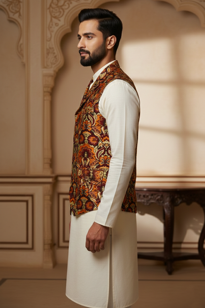 Men's Bohemian Paisley Silk Waistcoat in Earthy Rust and Gold