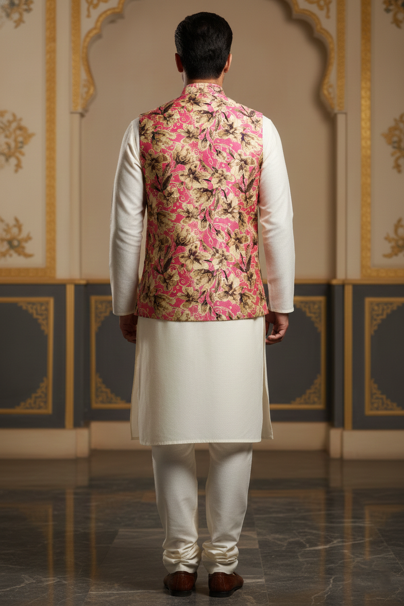 Title: The Pink Petal Path: Modern Floral Nehru Jacket and Silk Ensemble