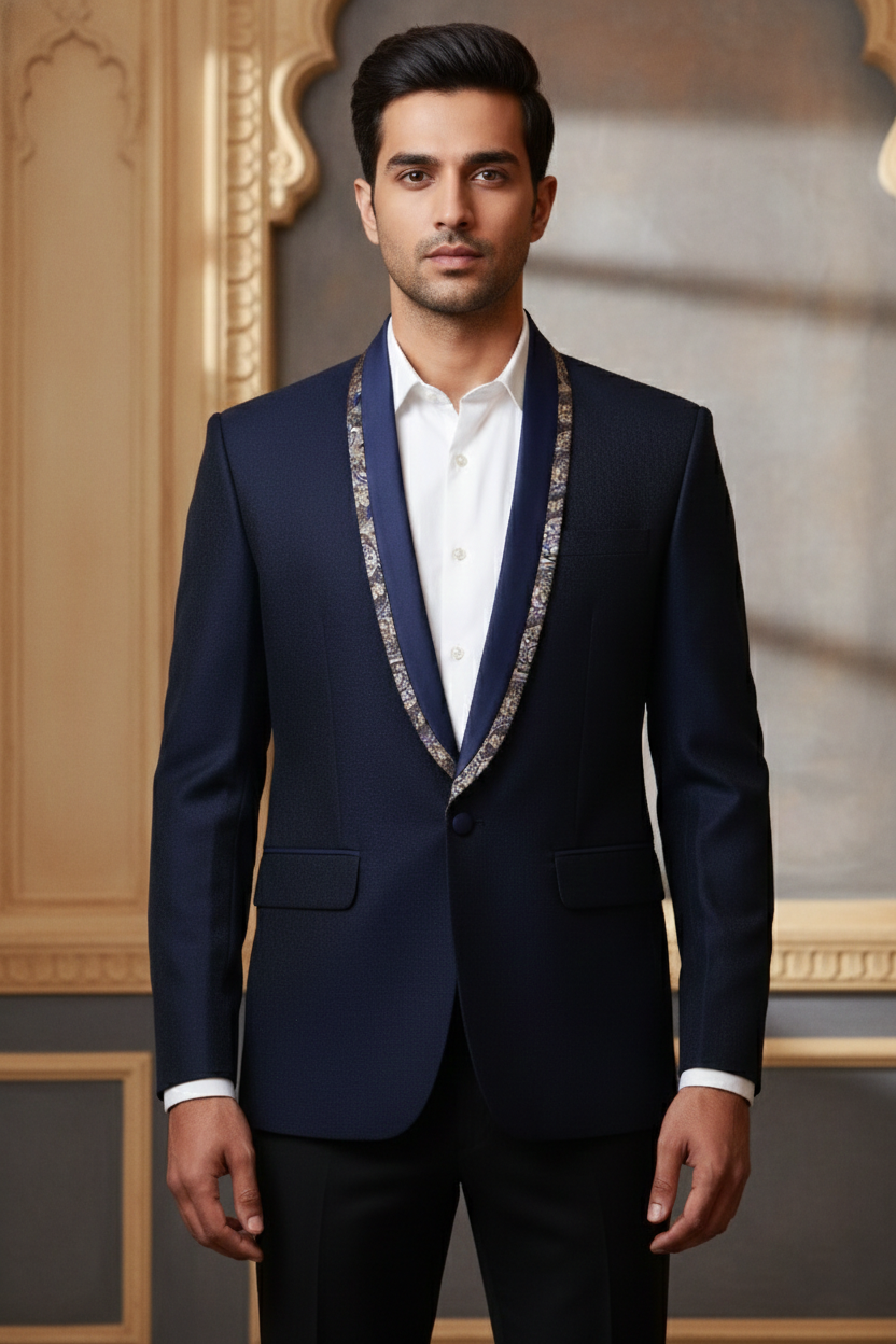 Men's Premium Navy Blue Jacquard Tuxedo Blazer