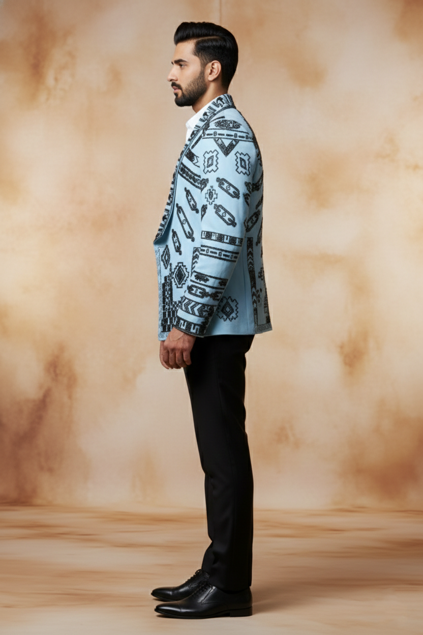 Men'sSky Blue Printed Indo-Western Blazer