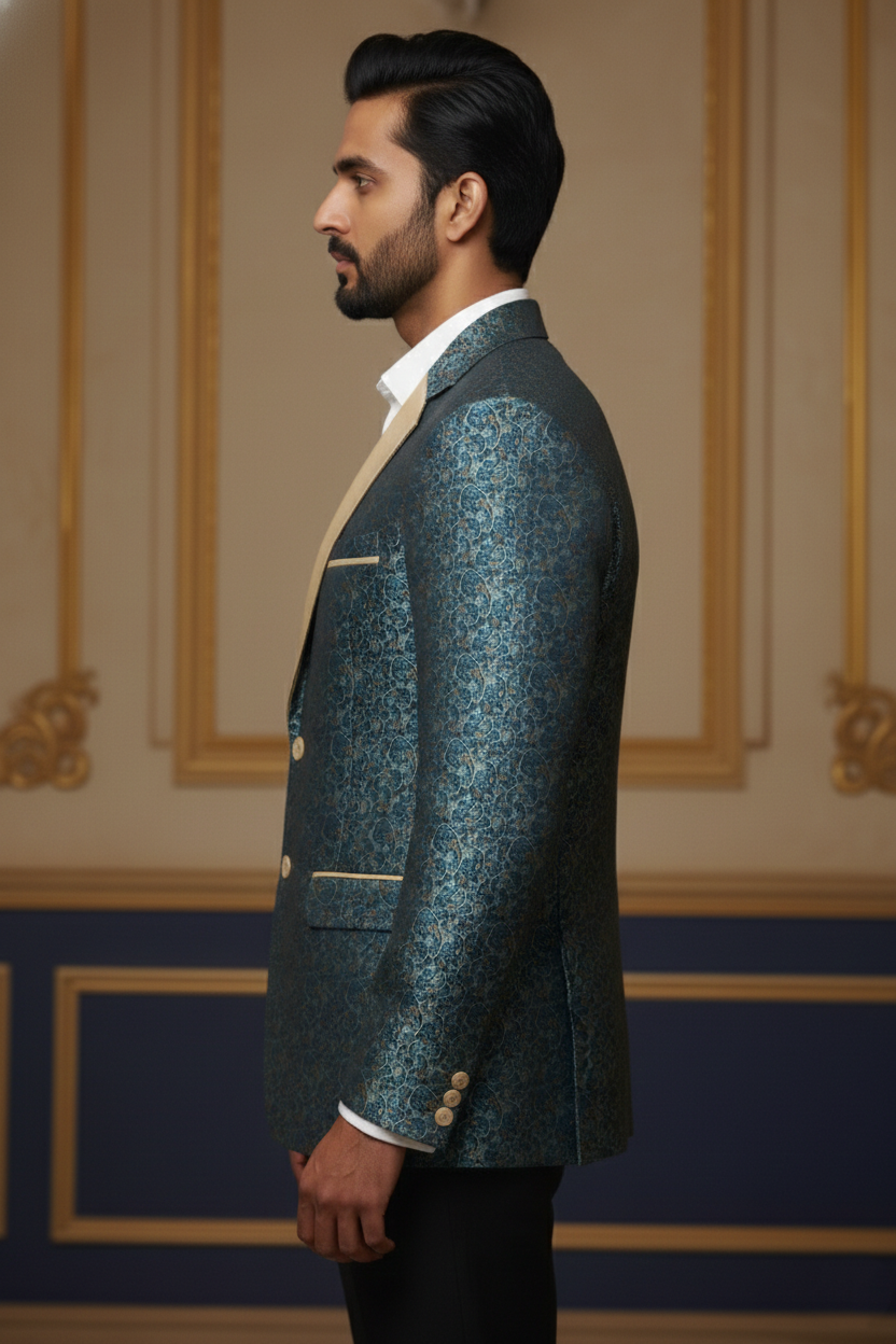 Blue & Gold Paisley Double-Breasted Blazer with Beige Accents
