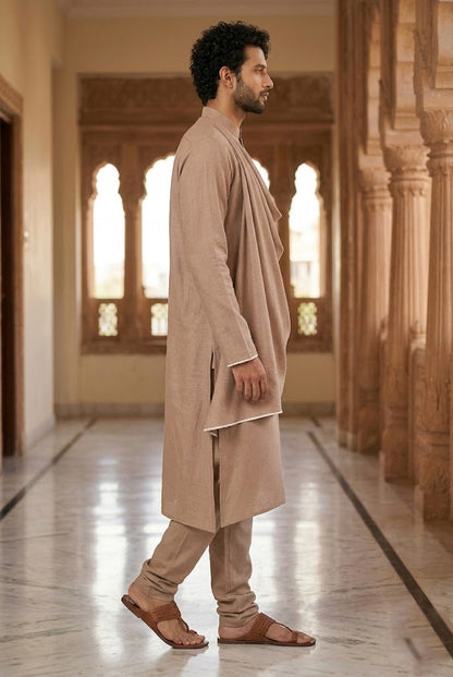 Men's Beige Draped AsyVBetric Designer Kurta Pajama