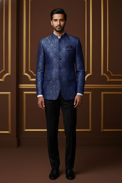 Royal Blue Brocade Bandhgala Jodhpuri Blazer