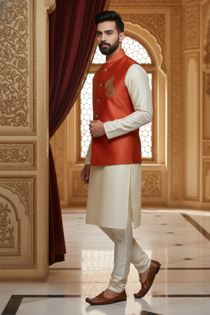 Bright Orange Nehru Jacket with Cream Kurta Set