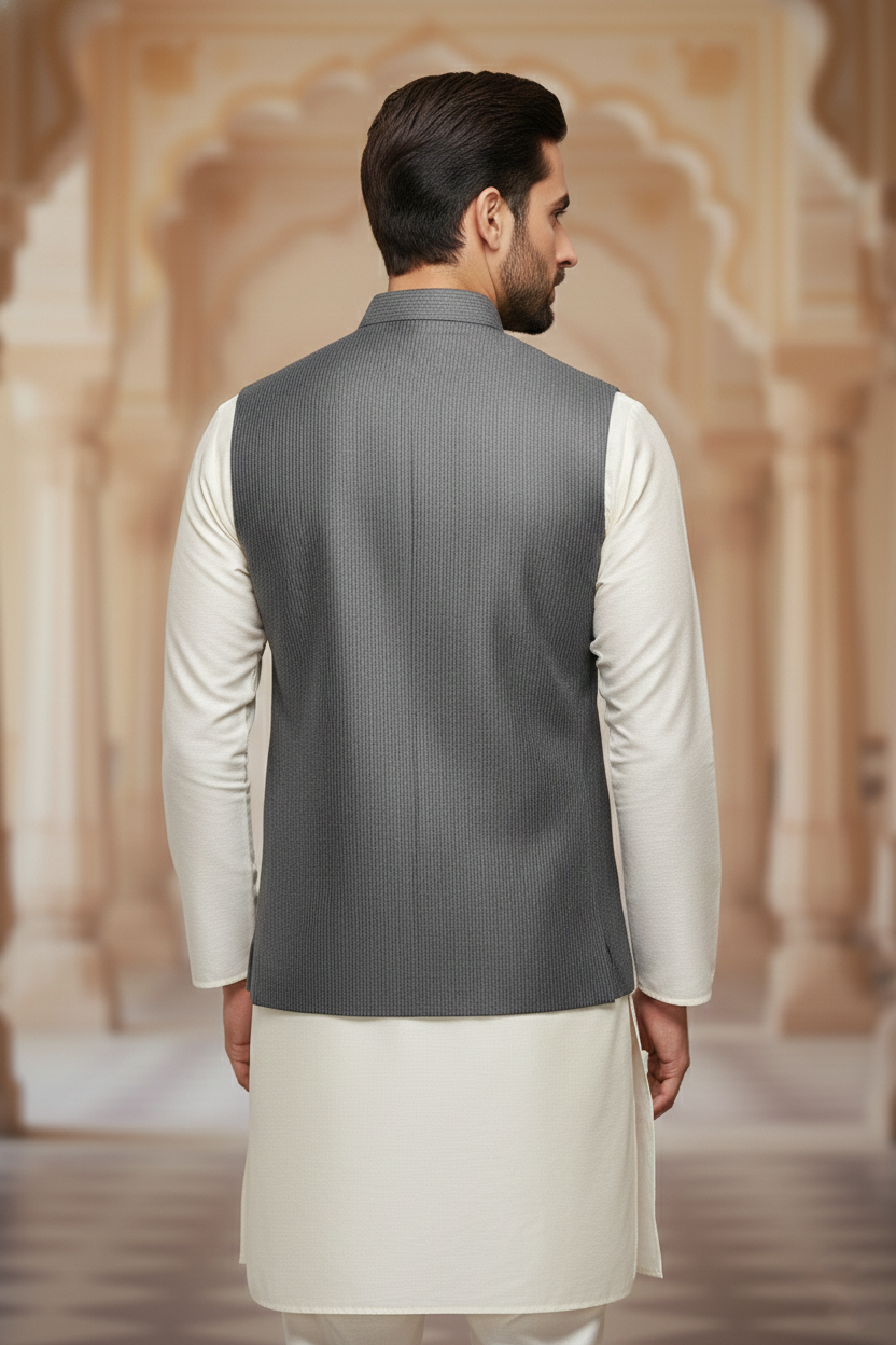 Men's Charcoal Pinstripe Nehru Jacket &  Cream Kurta Set