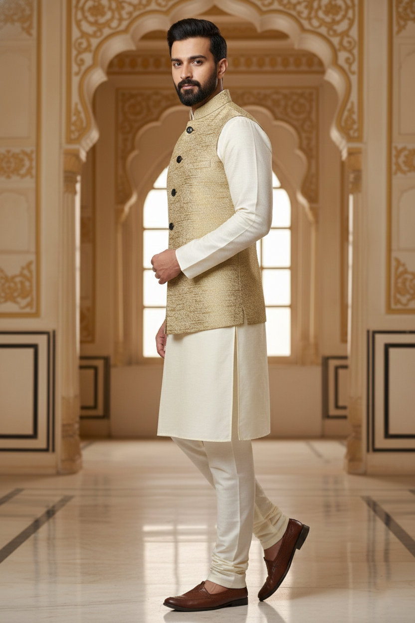 Men’s Gold Beige Nehru Jacket with Subtle Textured Work | Ethnic Waistcoat