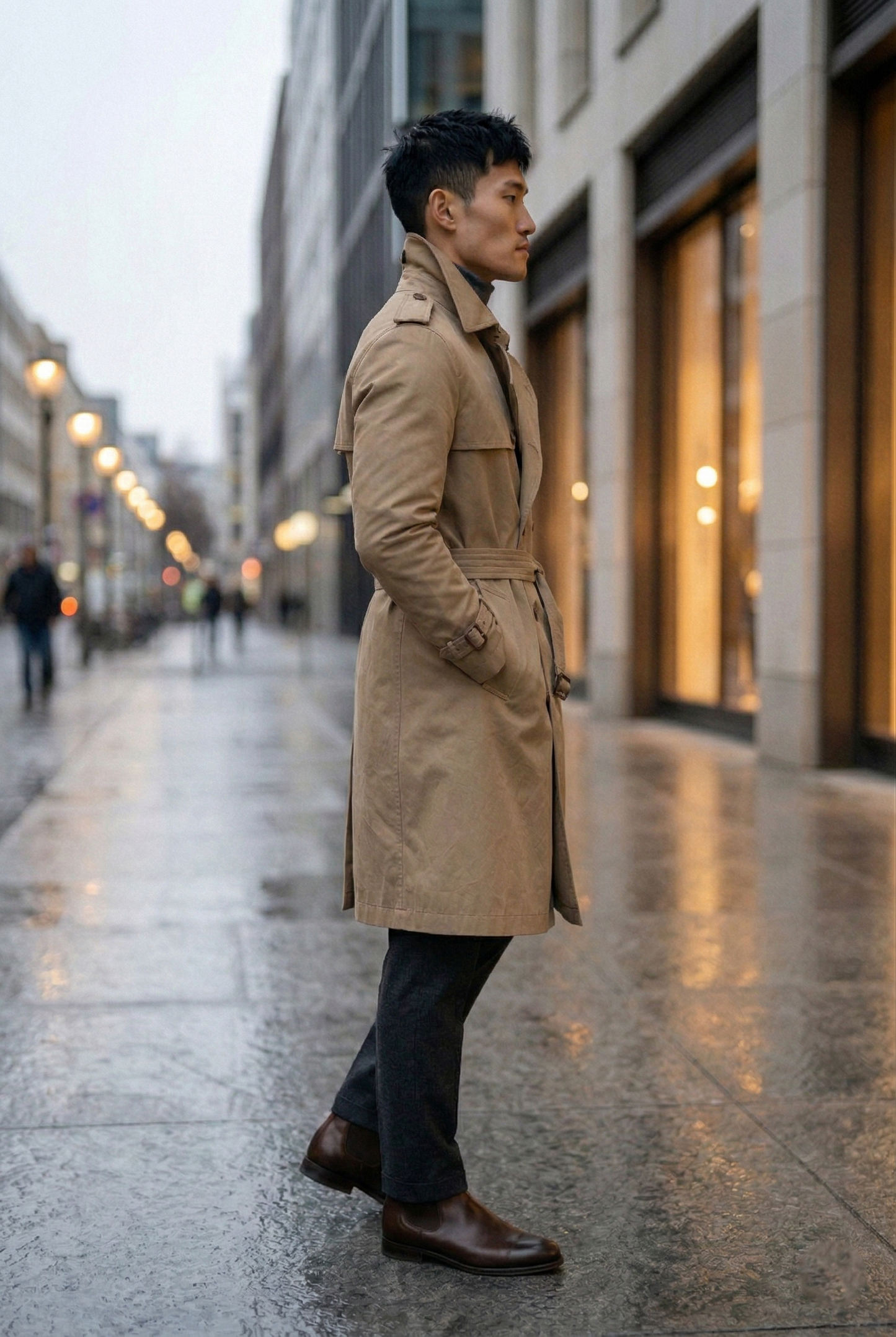 Classic Beige Double-Breasted Long Trench Coat with Belt