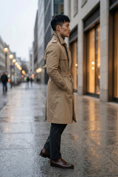 Classic Beige Double-Breasted Long Trench Coat with Belt