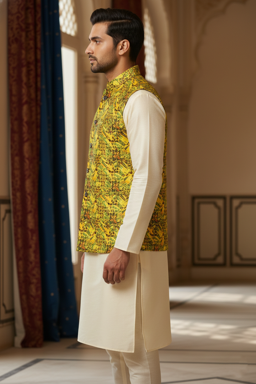 Sun-Drenched Citron: The Radiant Geometric Nehru Jacket
