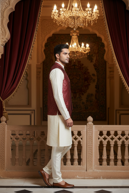 Men's Crimson Red Jacquard Nehru Jacket – Designer Geometric Printed Waistcoat with Notched Lapel and Utility Pockets