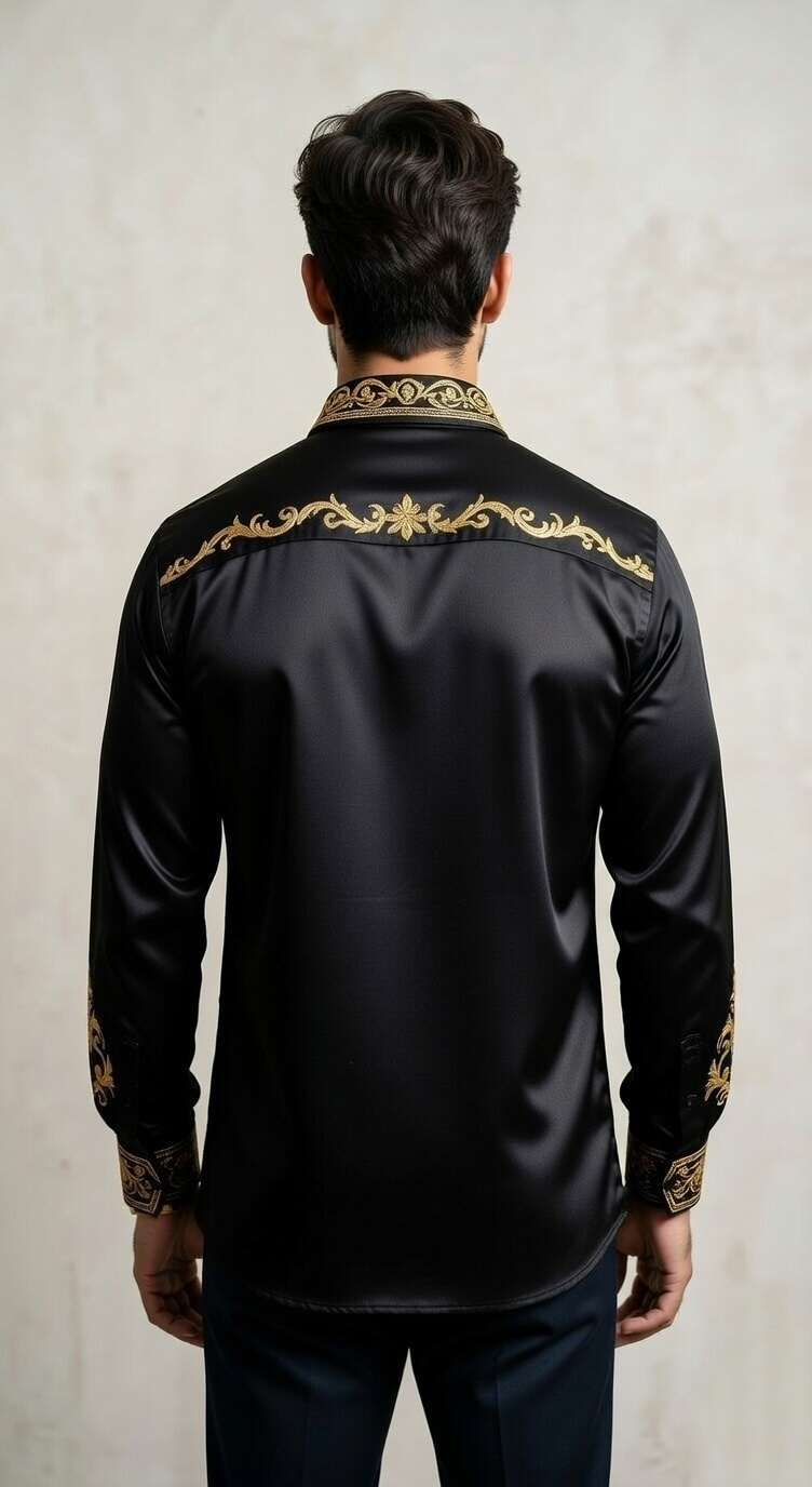 Men'sDesigner Slim-Fit Baroque Embroidered Silk-Sateen Shirt , Black & Royal Gold