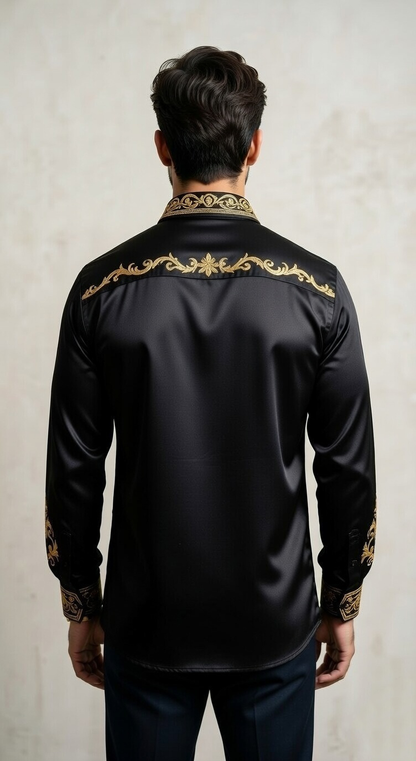 Men'sDesigner Slim-Fit Baroque Embroidered Silk-Sateen Shirt , Black & Royal Gold