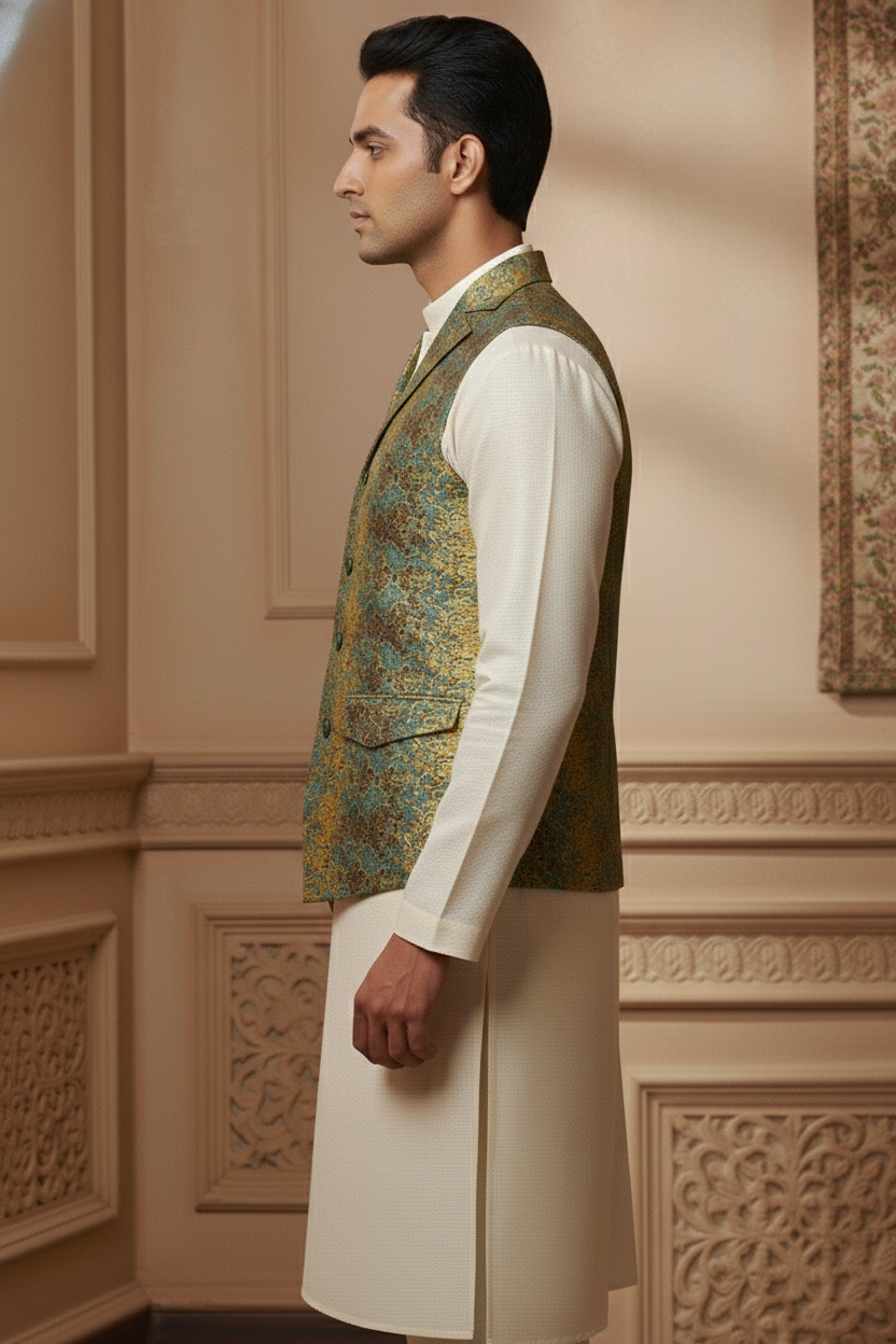 Men’s Yellow, Blue & Brown Jacquard Silk Waistcoat with Notch Lapel | Slim Fit Festive Vest